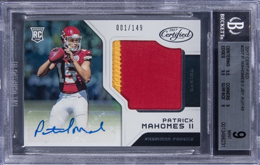 2017 Panini Certified "Freshman Fabrics" Silver #207 Patrick Mahomes II Signed Patch Rookie Card (#001/149) - BGS MINT 9/BGS 10